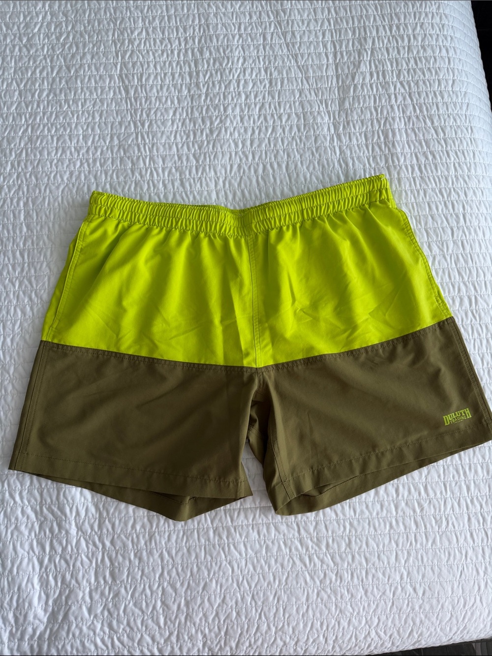 Duluth Trading Co Two-Tone Neon Yellow and Olive Green Men’s Swim Trunks